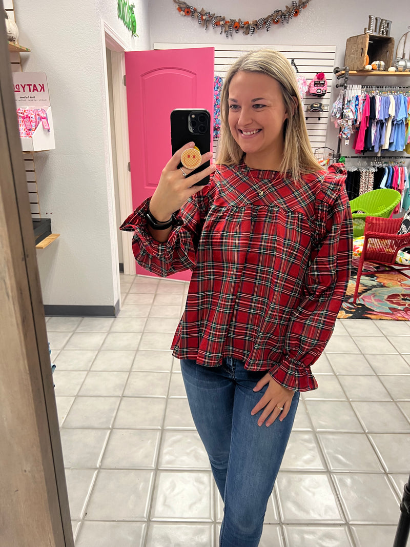 Ruffled Sleeve Plaid Holiday Top*