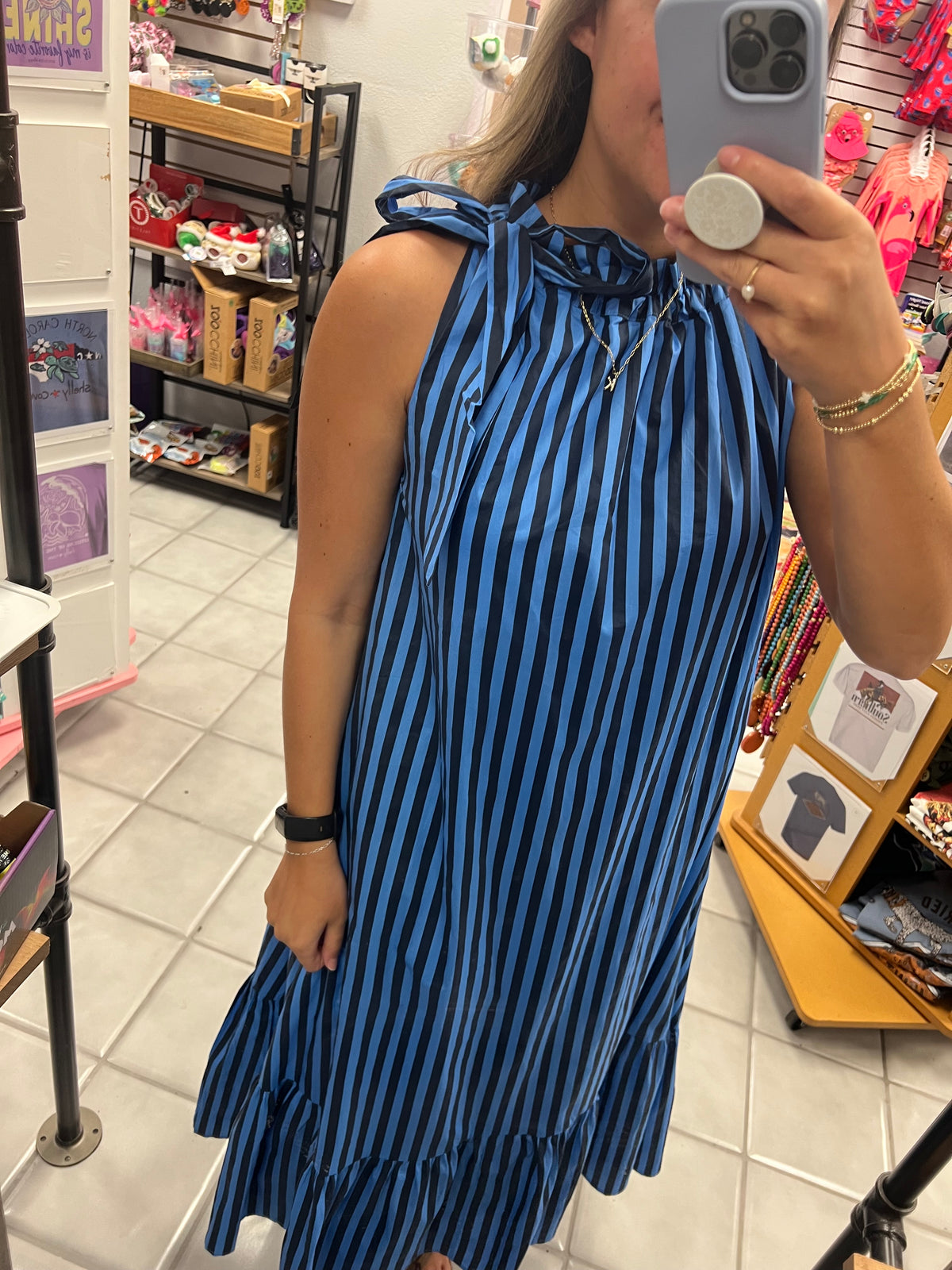 High Neck Stripe Midi Dress