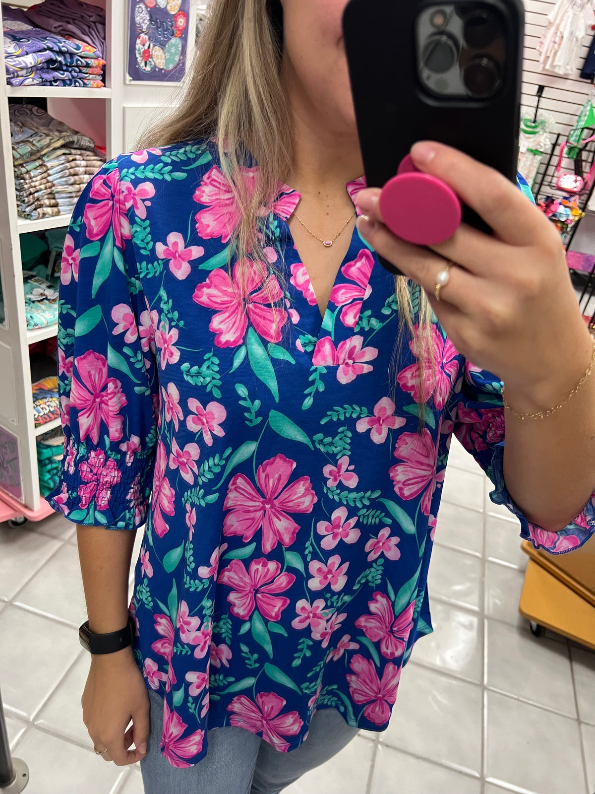 DS Navy Floral Smocked Lizzy Top