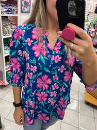 DS Navy Floral Smocked Lizzy Top