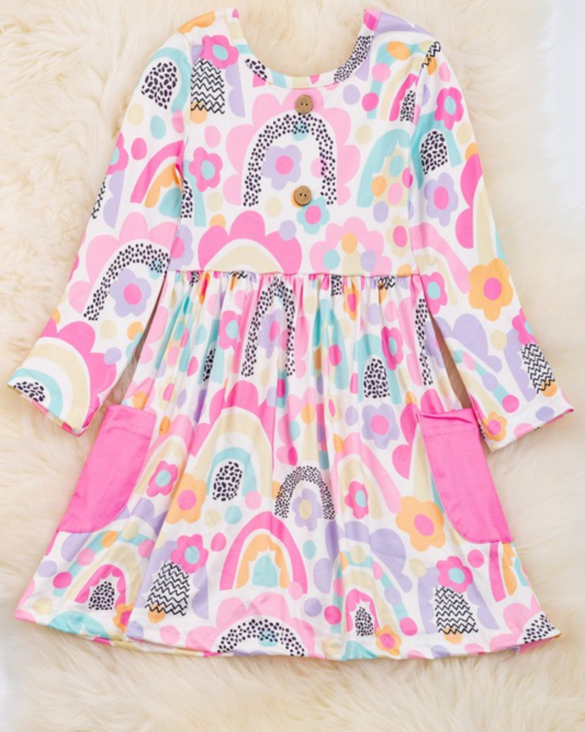 Rainbow & Daisy Printed Dress with Side Pockets