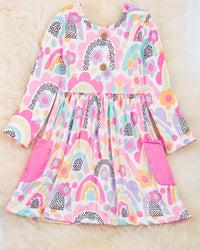 Rainbow & Daisy Printed Dress with Side Pockets
