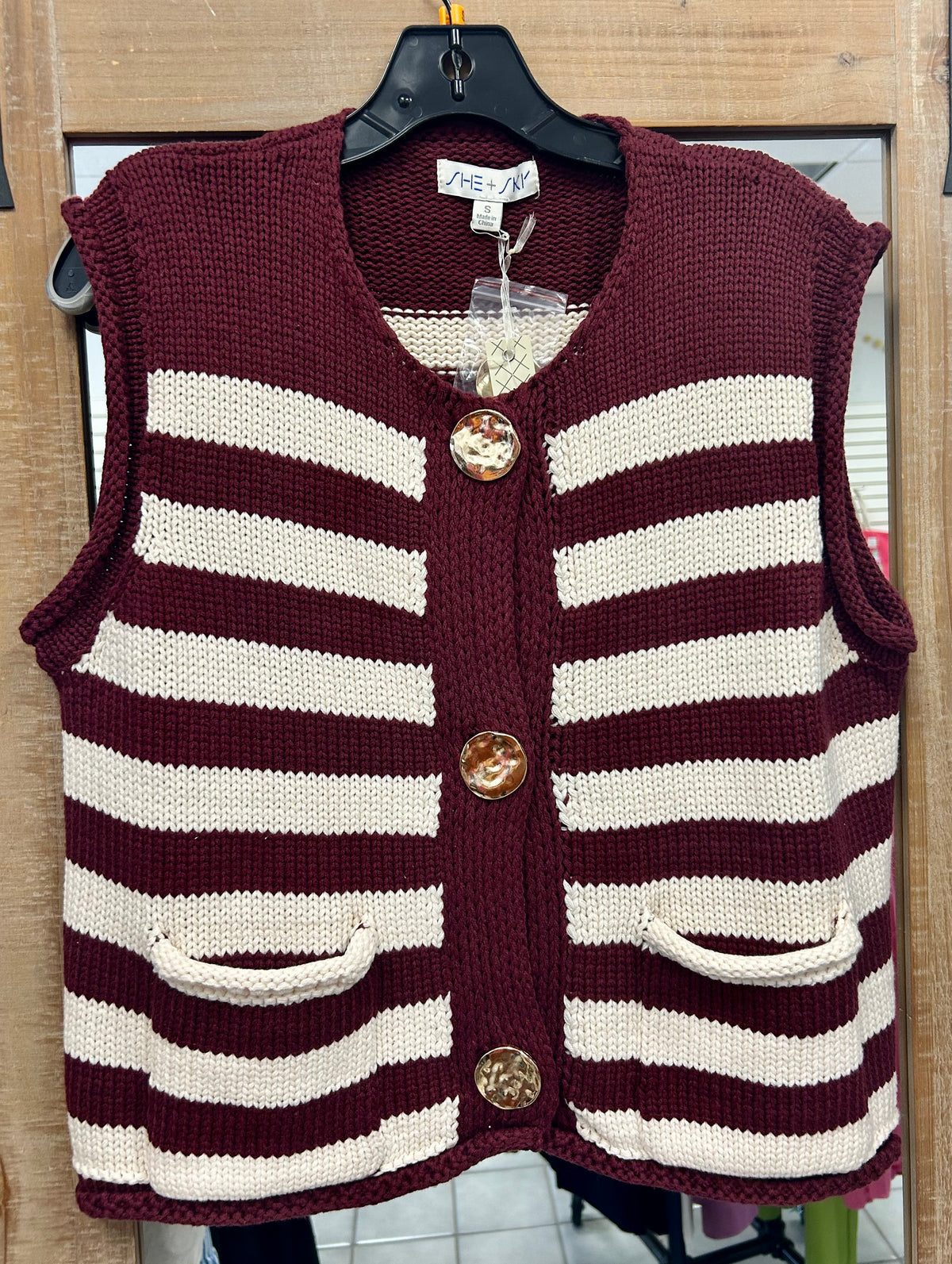 She and Sky- Maroon and Cream Striped Sweater Vest