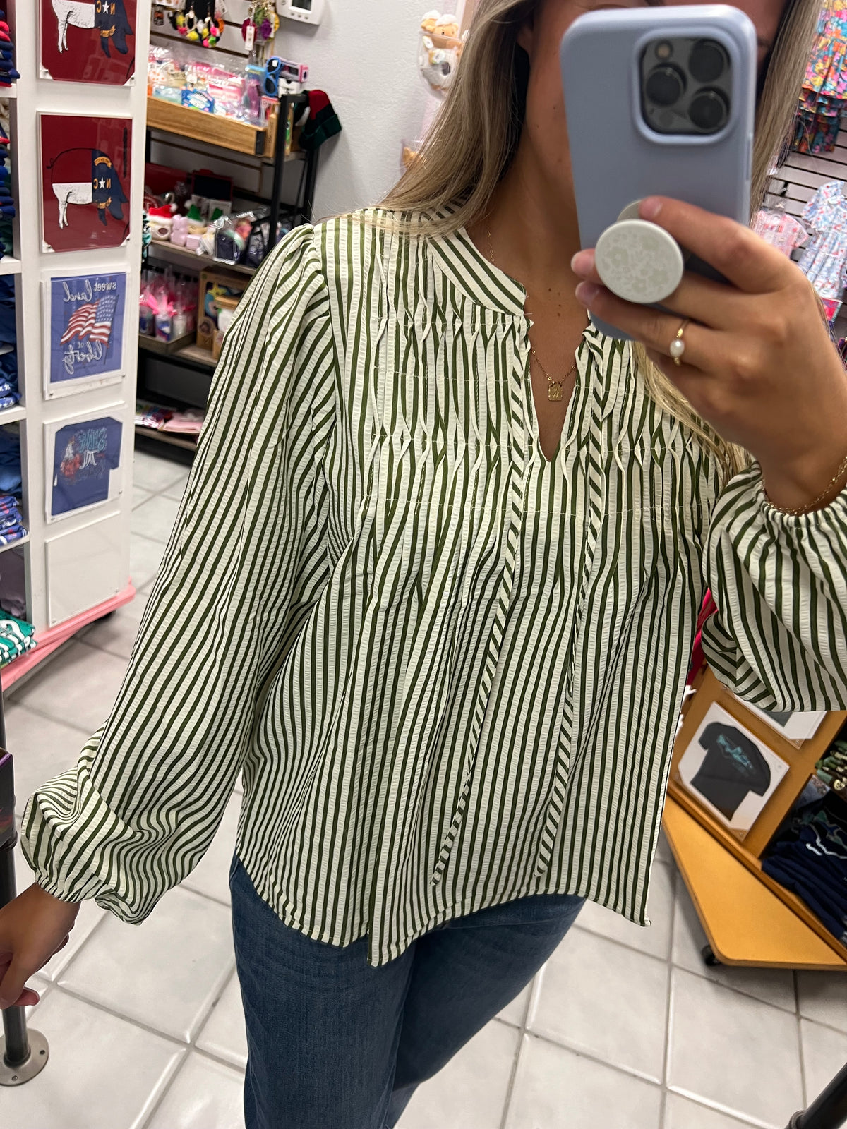 LS Green and White Stripe Top
