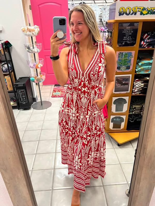 Doe & Rae Red/White Floral V-Neck Dress