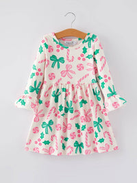 Christmas Candy Bow Print Girls Dress*