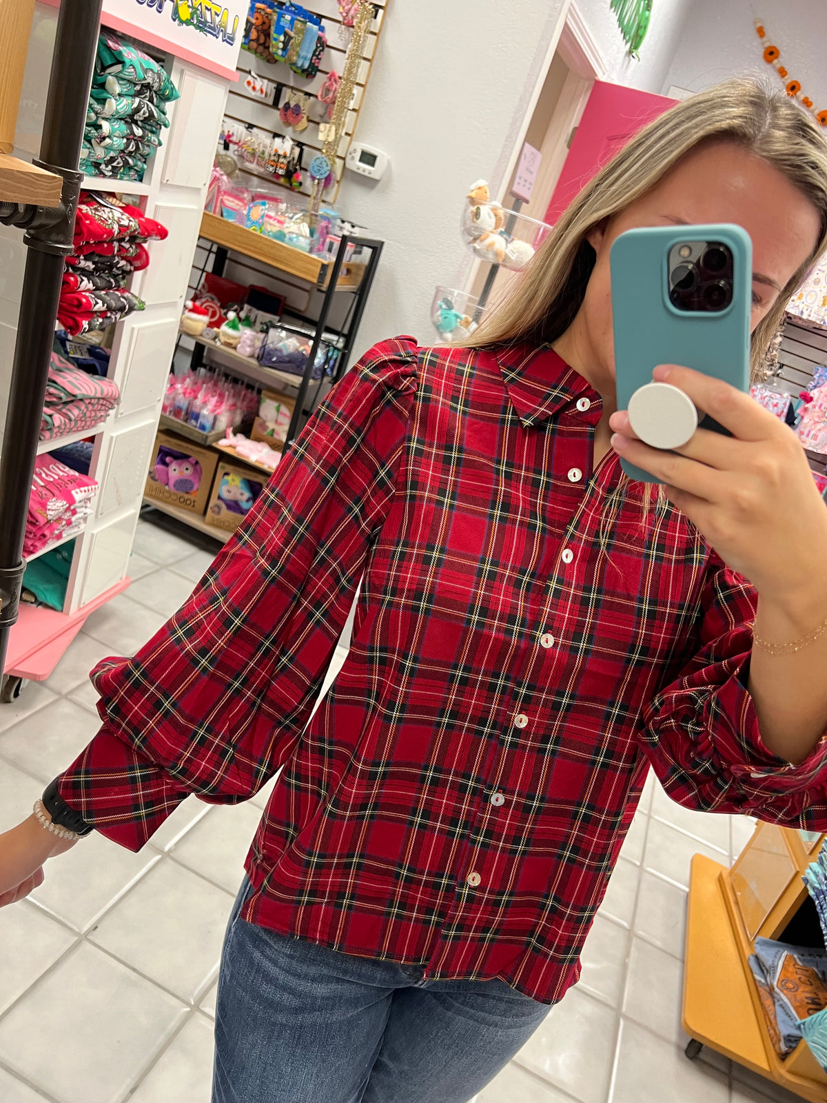 Puff Sleeves Button Down Plaid Top