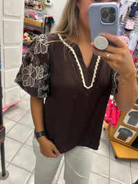 She&Sky Brown Top w/ Embroidered Flower Sleeves