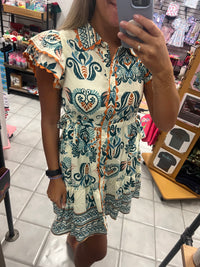 Drawstring Waist Baroque Floral Dress
