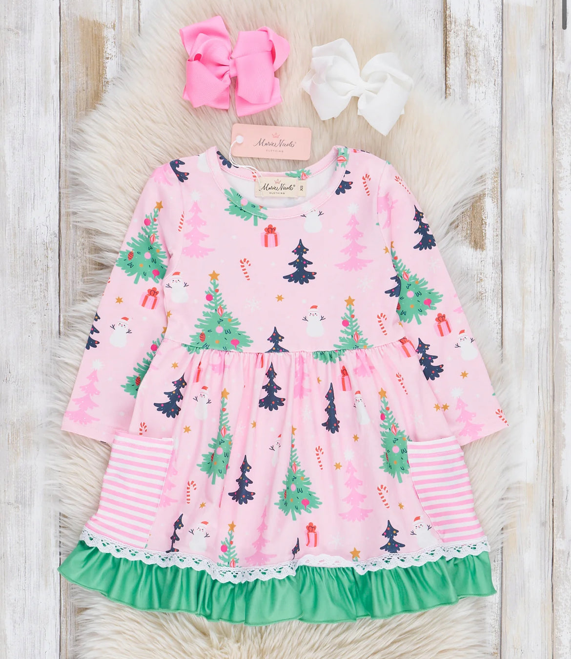 Pink and Green Holiday Forest Ruffle Dress*
