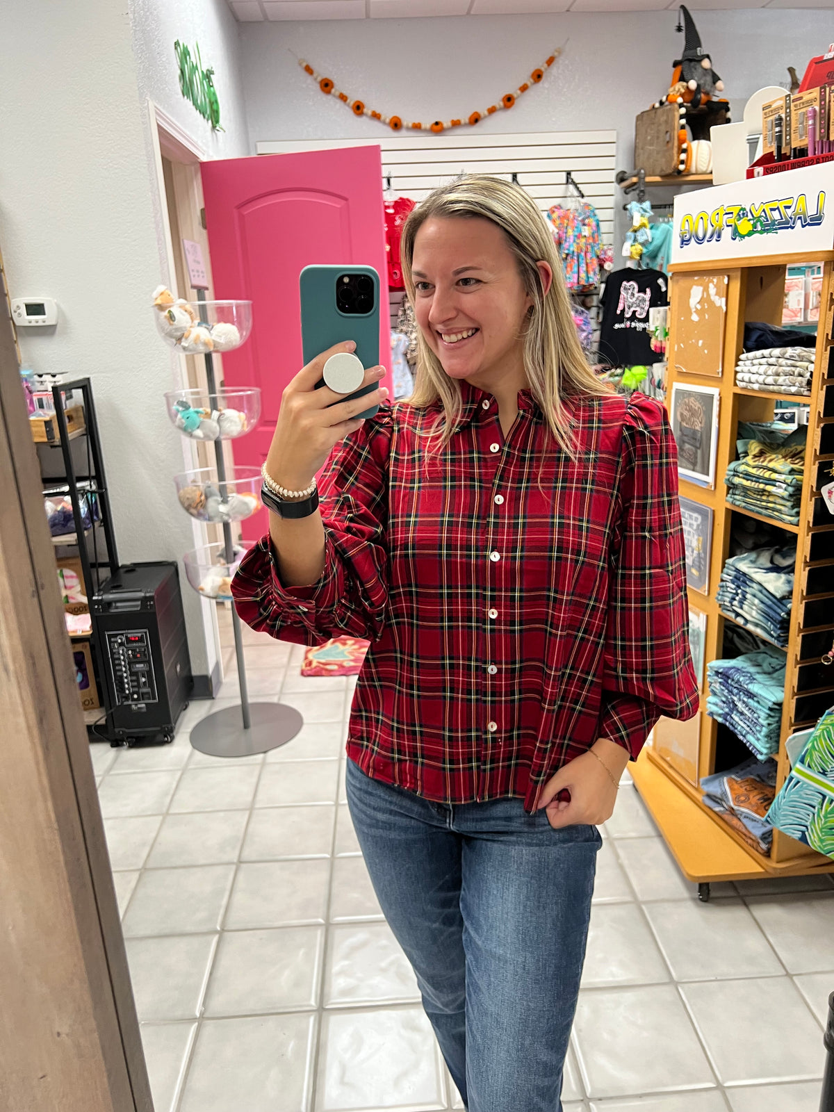 Puff Sleeves Button Down Plaid Top