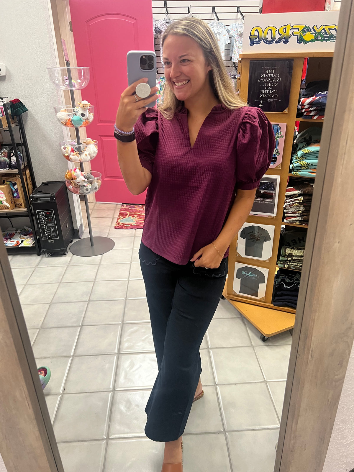 Puff Sleeve Ruffle V-neck Textured Top