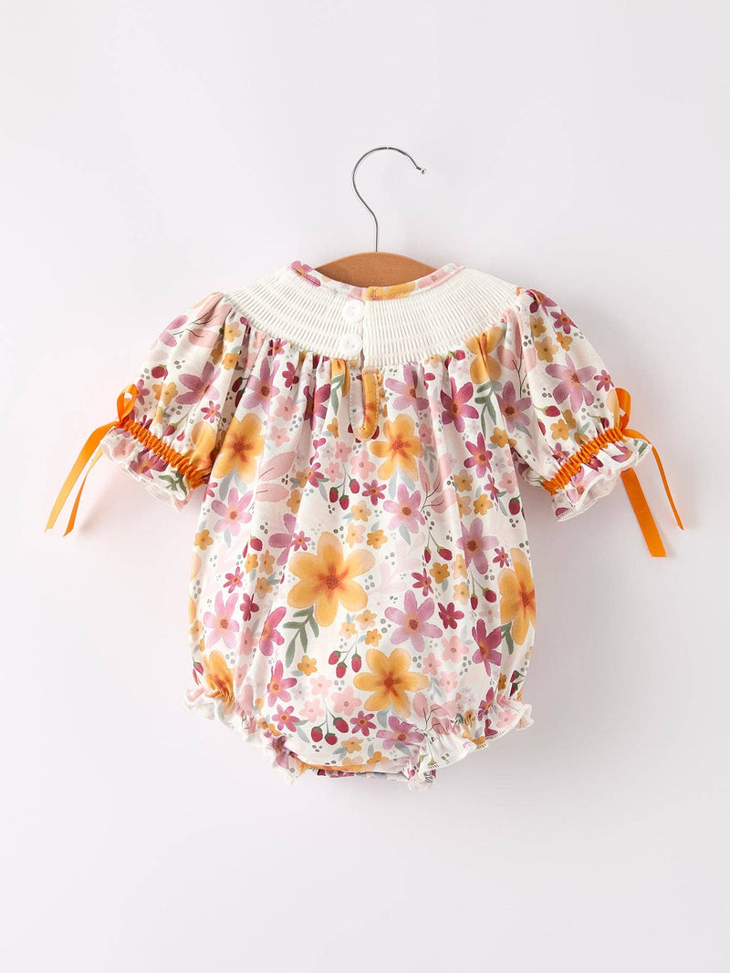 Halloween & Thanksgiving Pumpkin Embroidery Smock Floral Baby Girl Romper: 3M