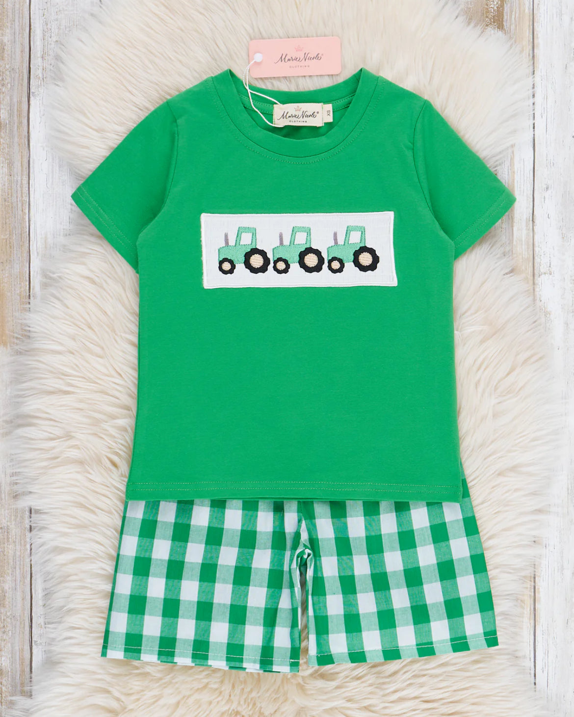 Marie Nicole Green Gingham Smocked Tractor Outfit