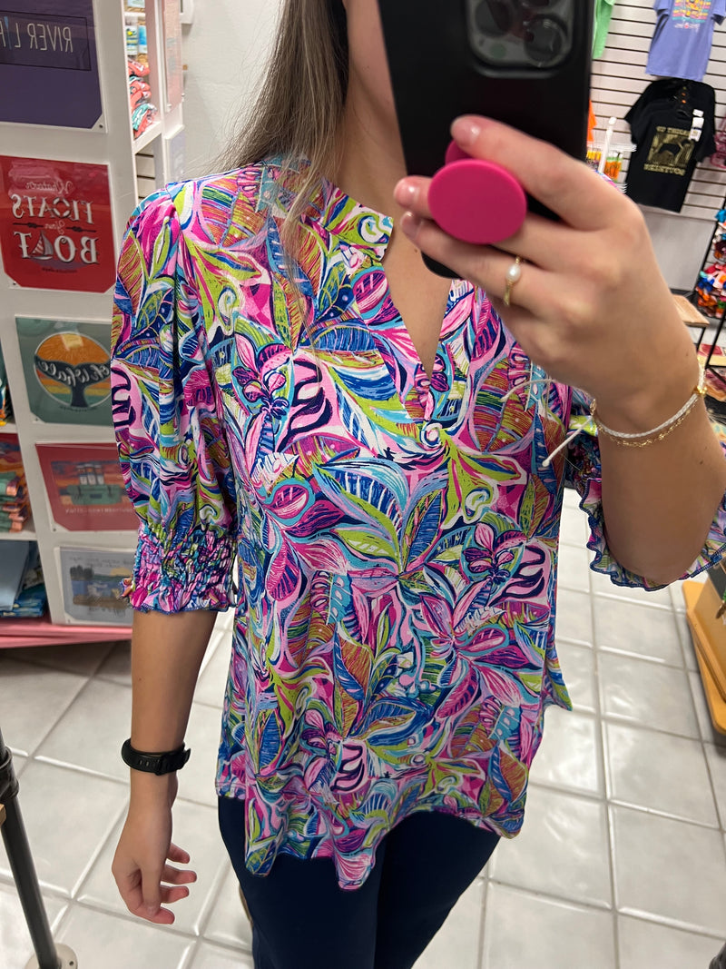 DS Floral Lizzy Smock Sleeve Top Royal