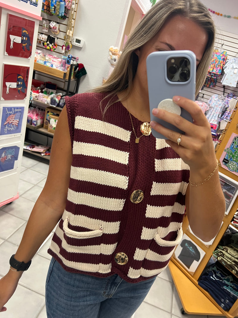Maroon and Cream Striped Sweater Vest
