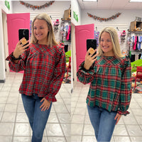 Ruffled Sleeve Plaid Holiday Top*