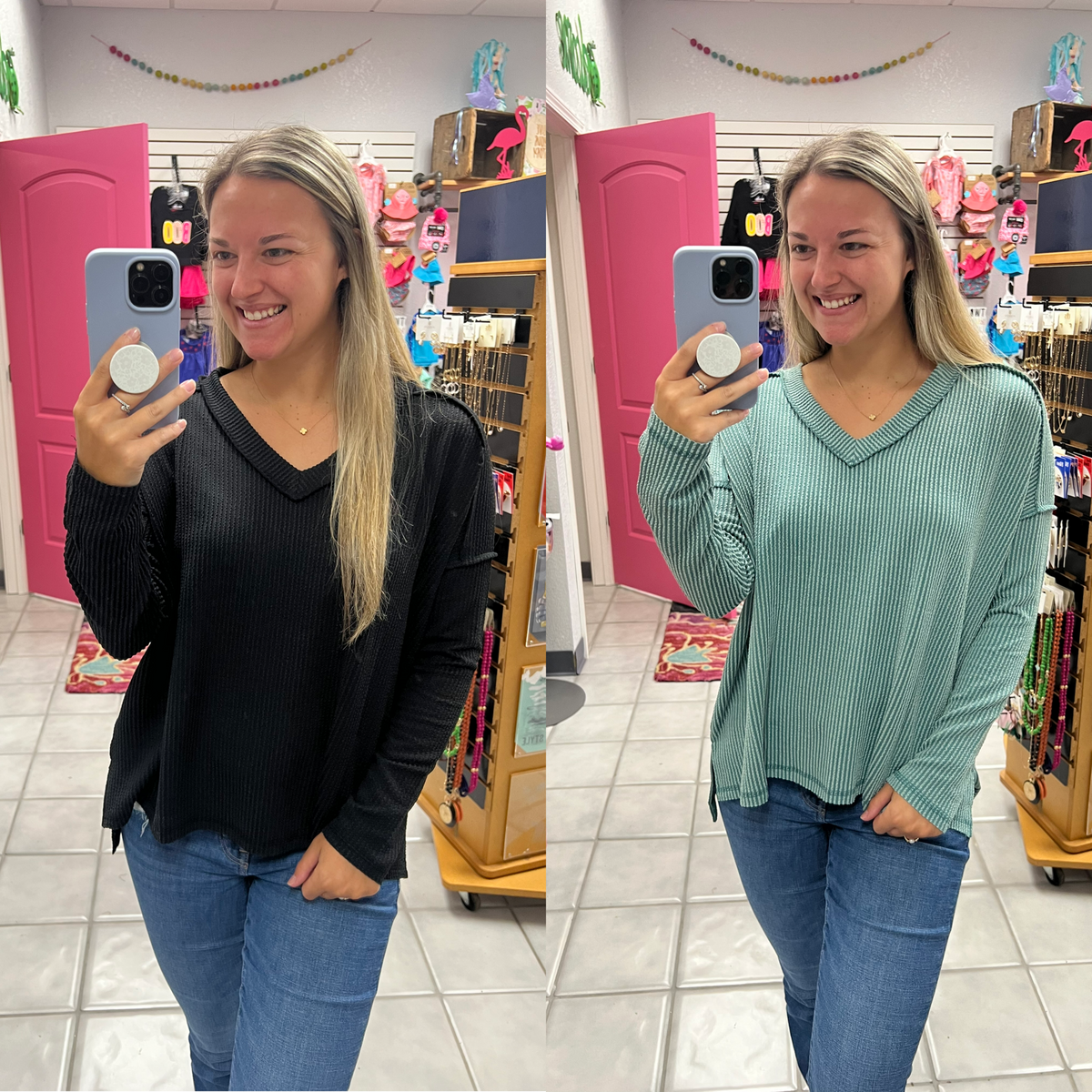 LS Ribbed Vneck Top