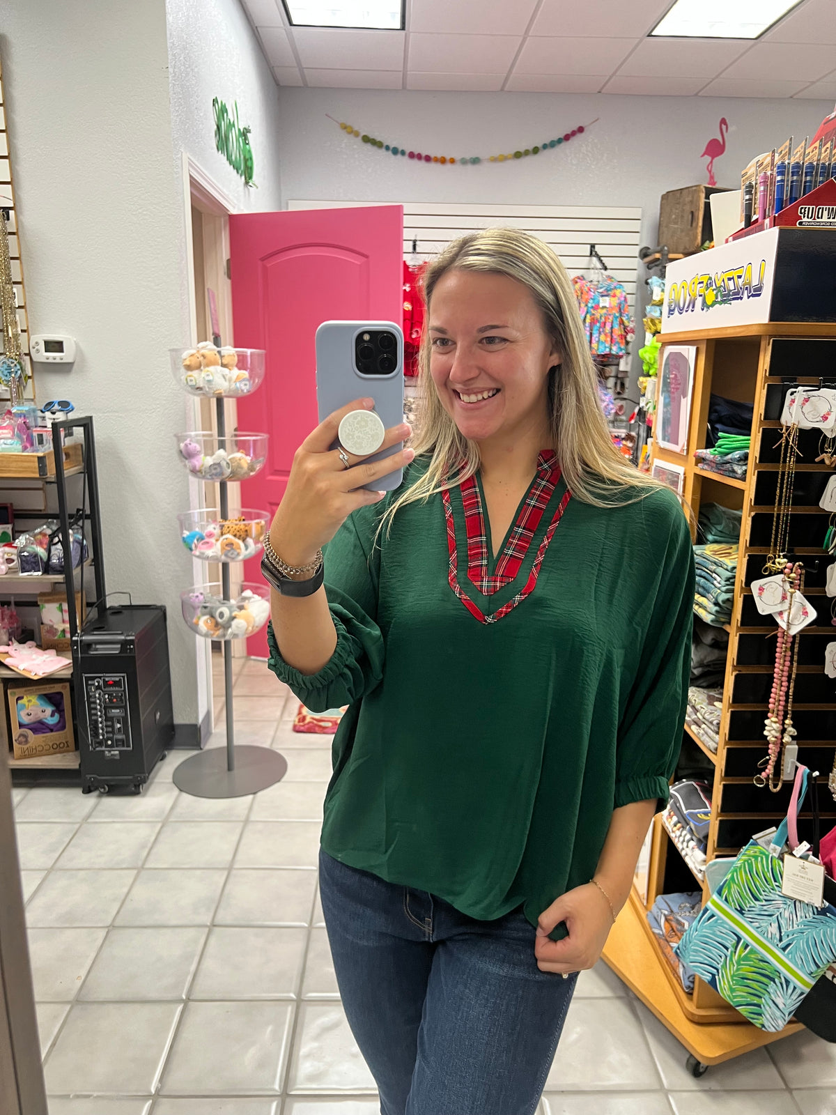 Hunter Green Plaid Trim Top