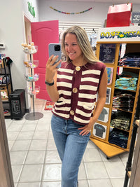 Maroon and Cream Striped Sweater Vest