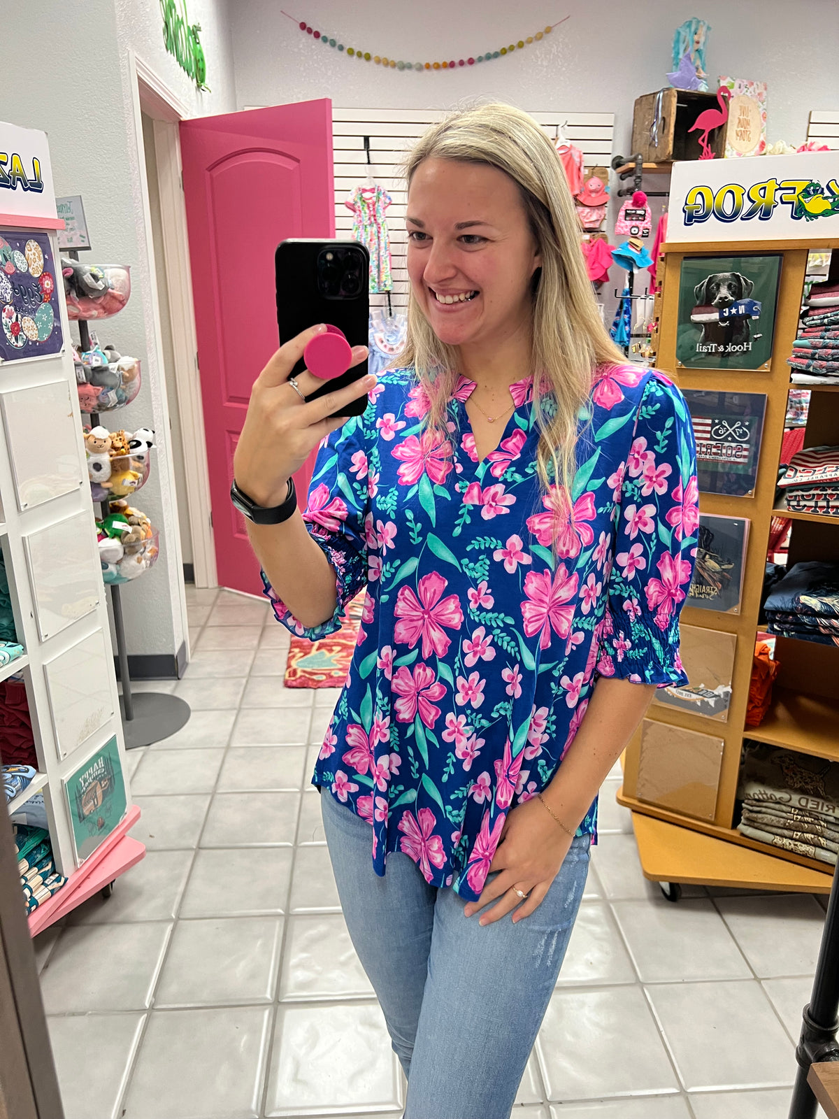 DS Navy Floral Smocked Lizzy Top