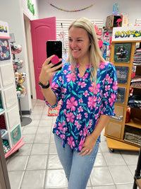 DS Navy Floral Smocked Lizzy Top