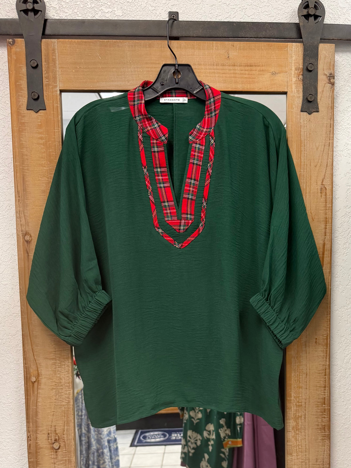 Staccato Hunter Green Top w/ Red Plaid Collar