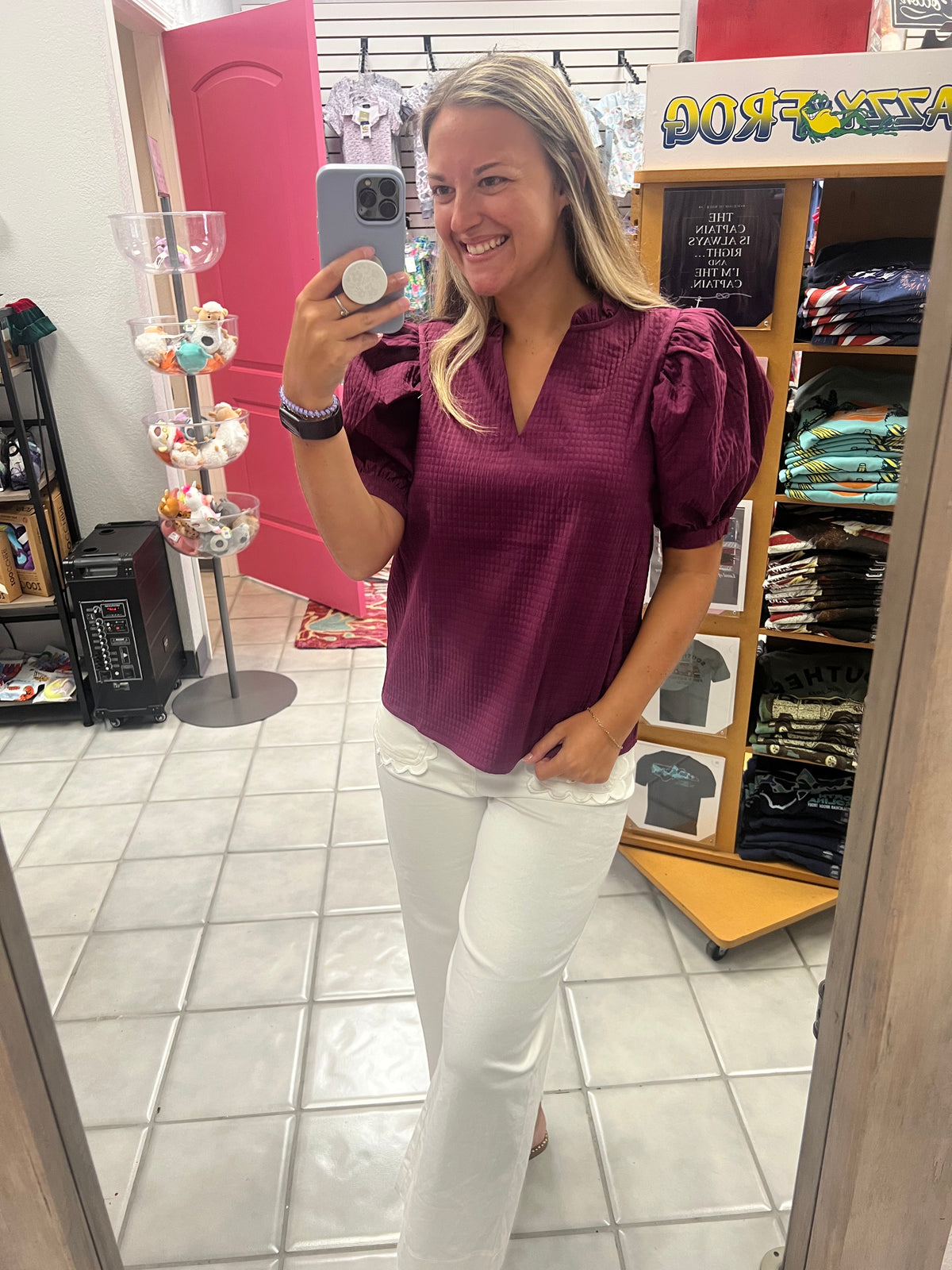 Puff Sleeve Ruffle V-neck Textured Top