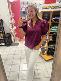 Puff Sleeve Ruffle V-neck Textured Top