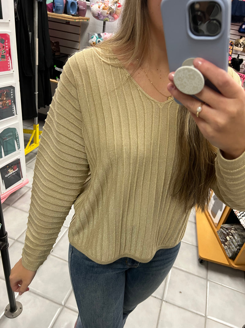 Gold Shimmer V Neck Sweater