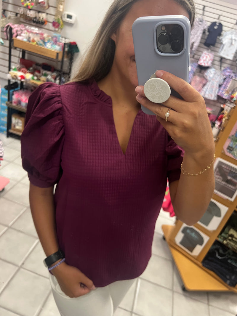 Puff Sleeve Ruffle V-neck Textured Top