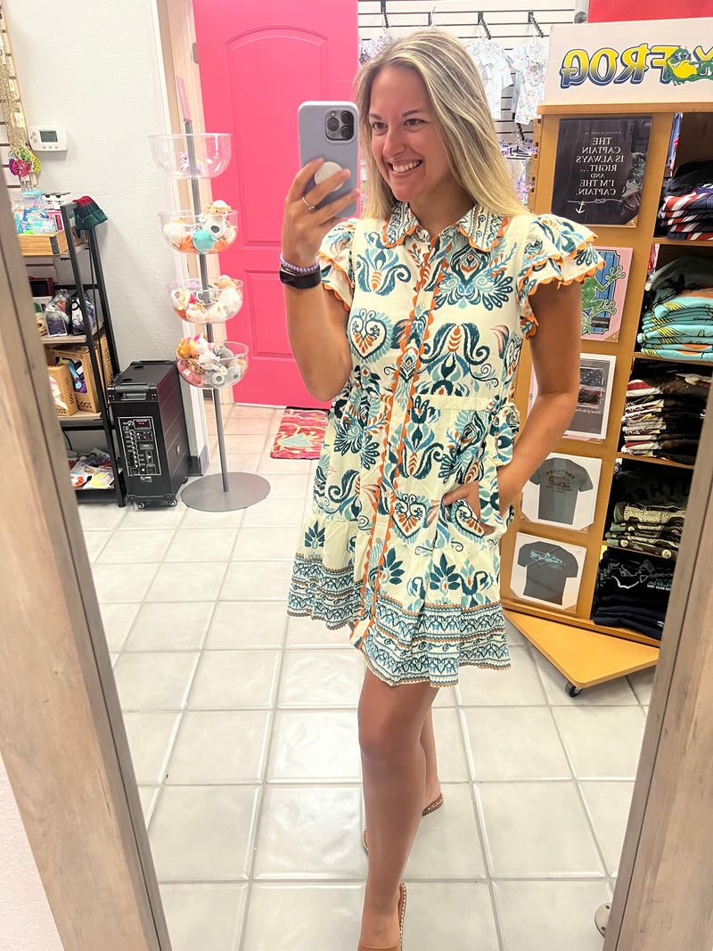 Drawstring Waist Baroque Floral Dress
