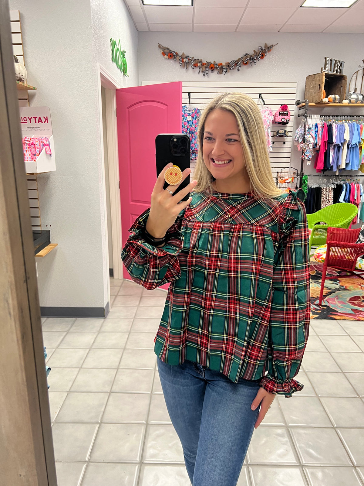 Ruffled Sleeve Plaid Holiday Top*
