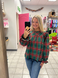 Ruffled Sleeve Plaid Holiday Top*