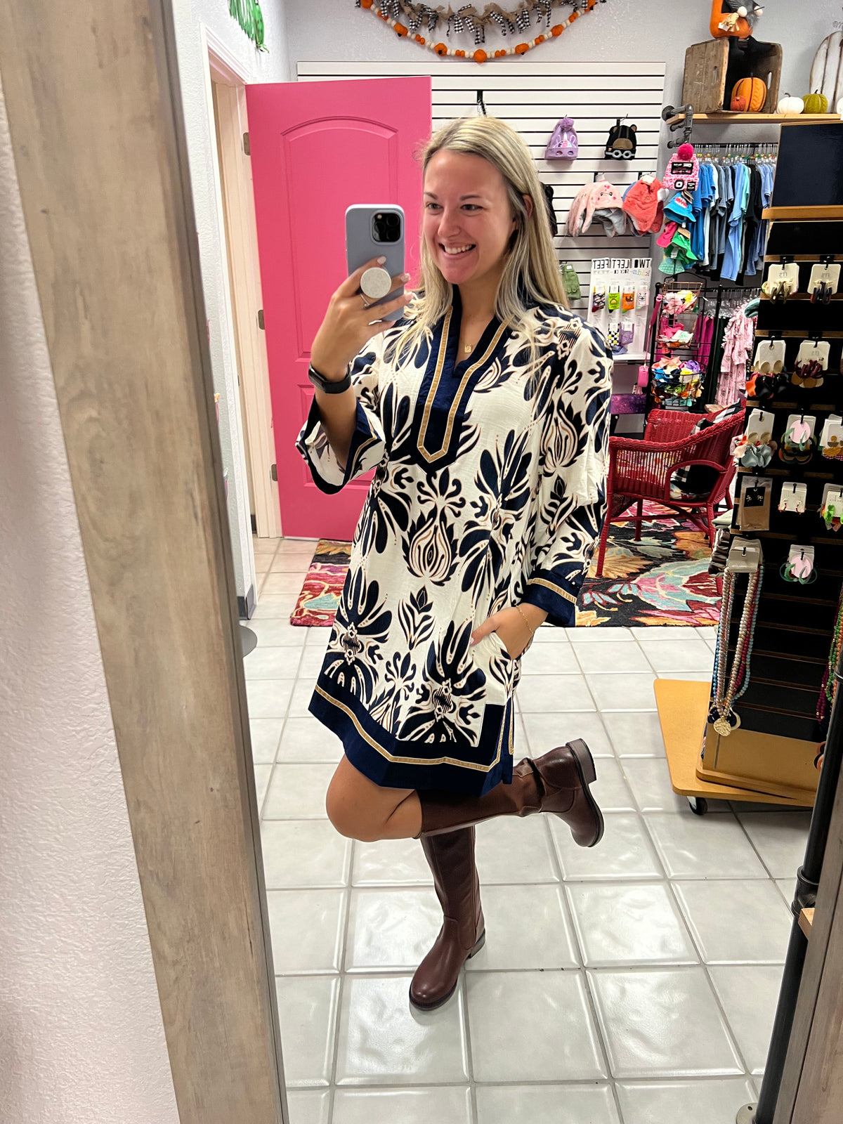 Navy Wide Arm Abstract Dress
