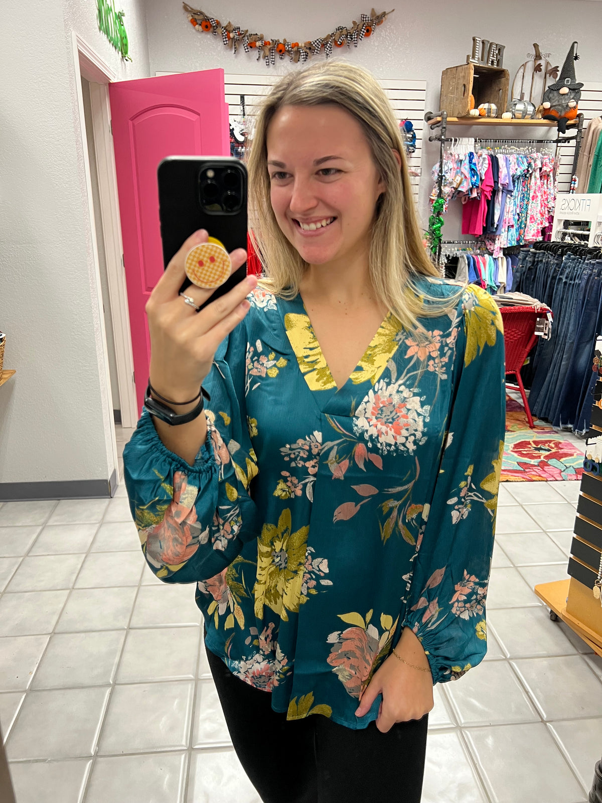 Floral Satin Bubble Sleeve Top*