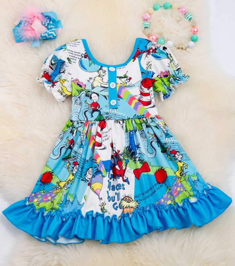 Seuss Cat in the Hat Turquoise Dress with Ruffles
