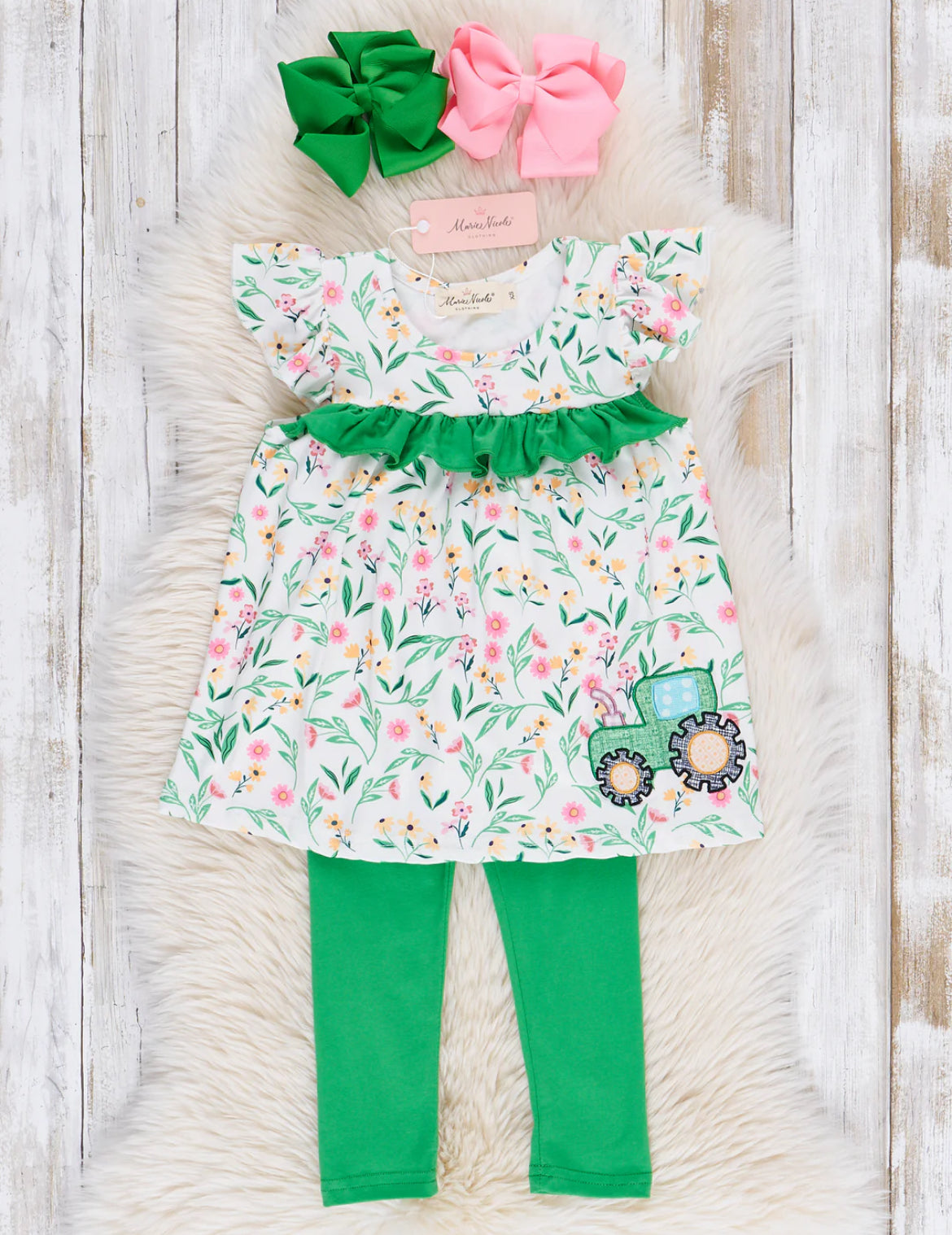 Marie Nicole Green Floral Tractor Ruffle Outfit