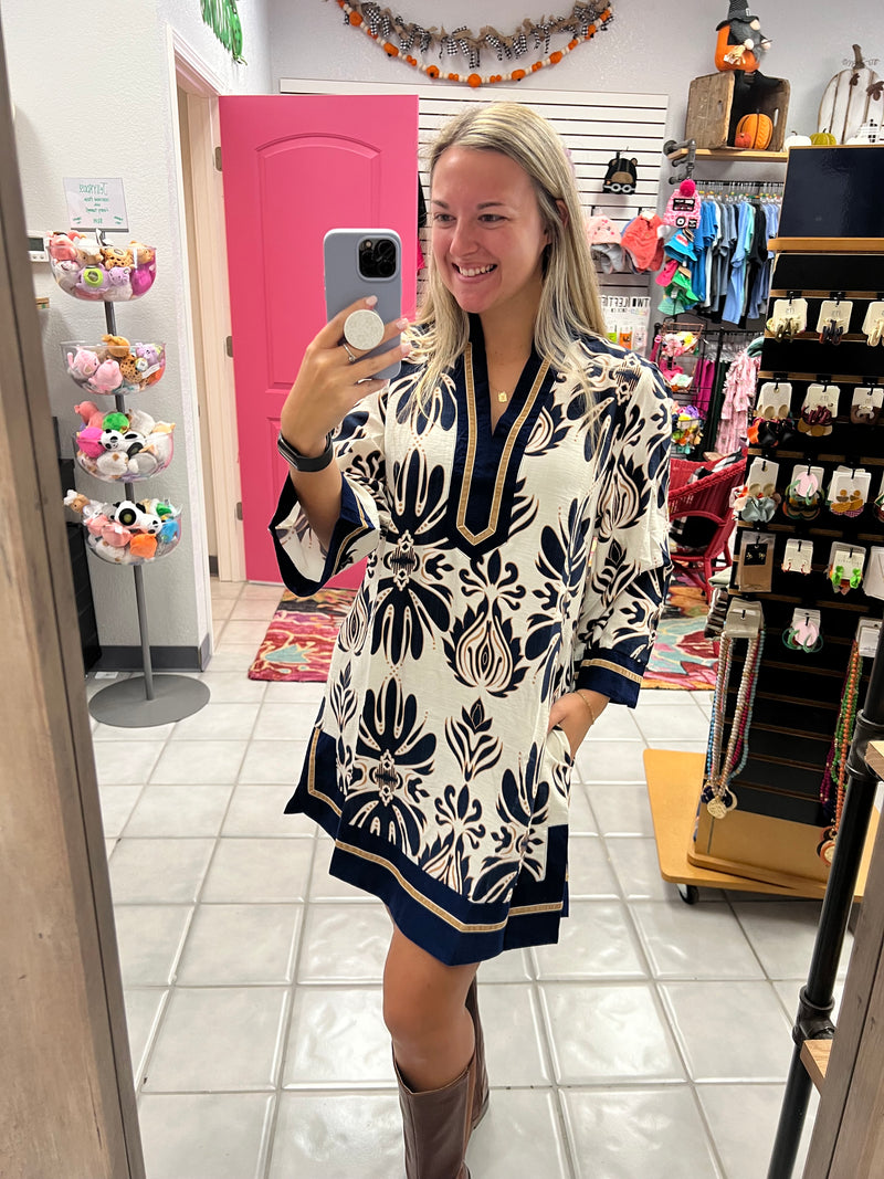 Navy Wide Arm Abstract Dress