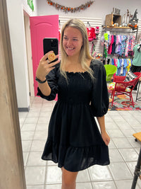 Smocked 3/4 Sleeve Mini Dress*