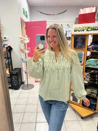 LS Green and White Stripe Top