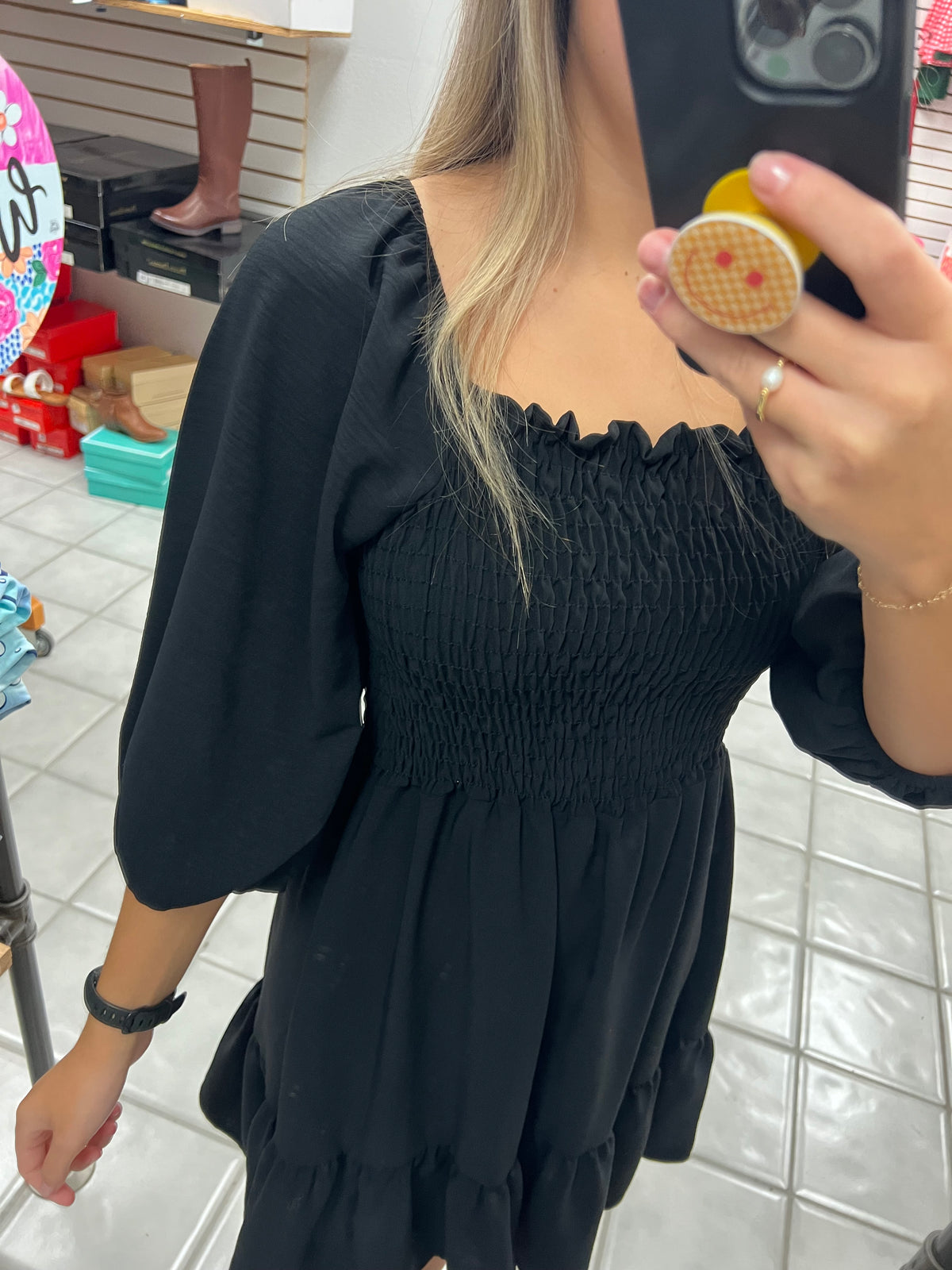 Smocked 3/4 Sleeve Mini Dress*