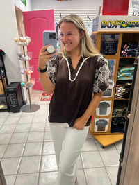 She&Sky Brown Top w/ Embroidered Flower Sleeves