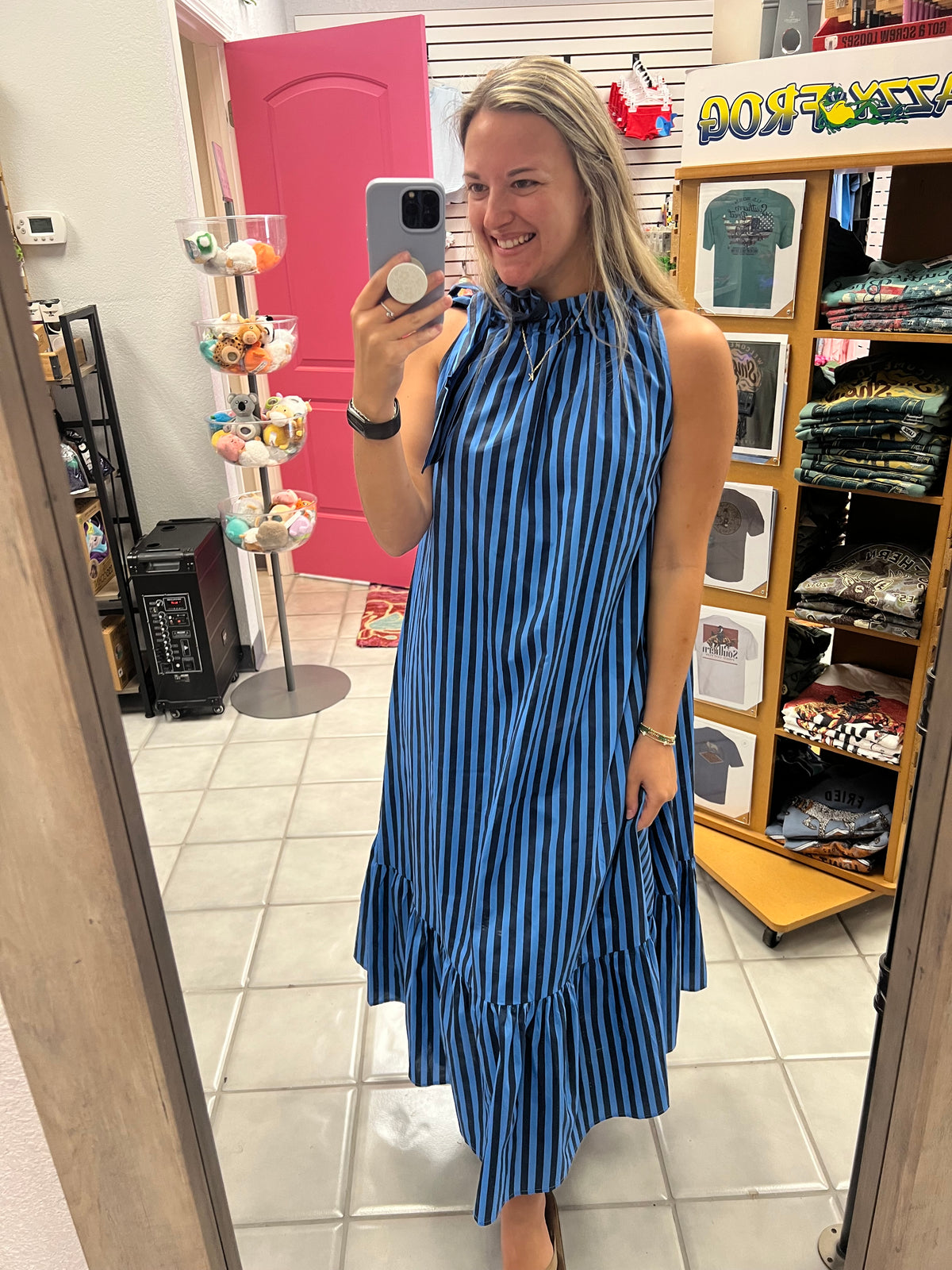 High Neck Stripe Midi Dress
