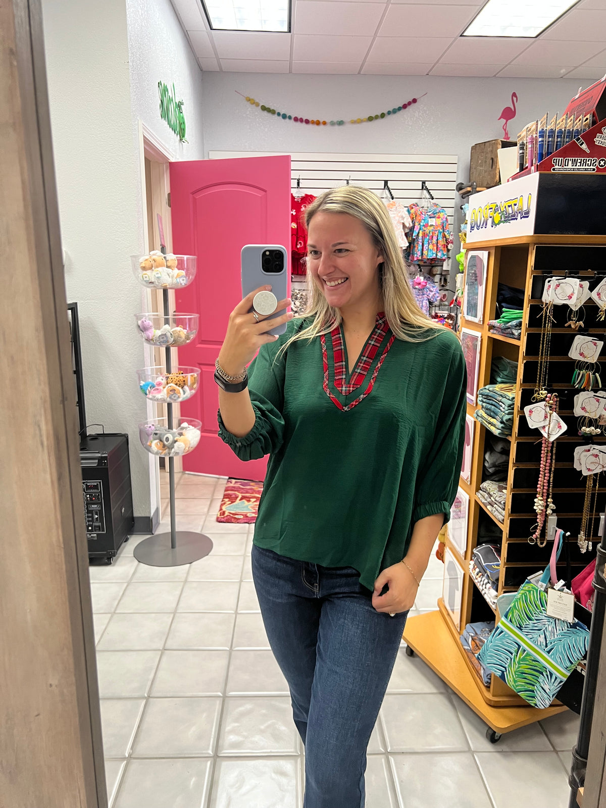 Hunter Green Plaid Trim Top