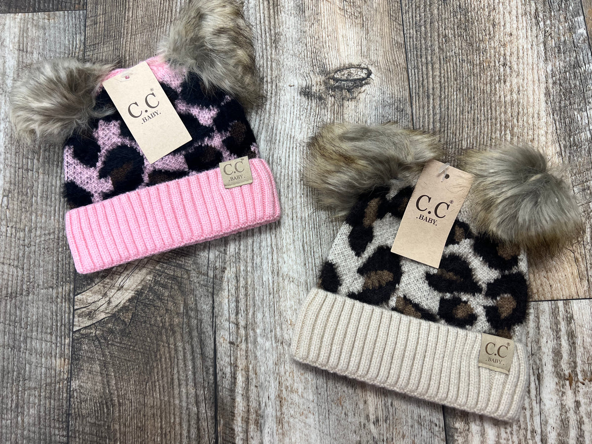 CC BABY Leopard Double Pom Beanie