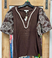 She&Sky Brown Top w/ Embroidered Flower Sleeves
