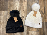 CC Cable Knit Pom Pom Fuzzy Beanie