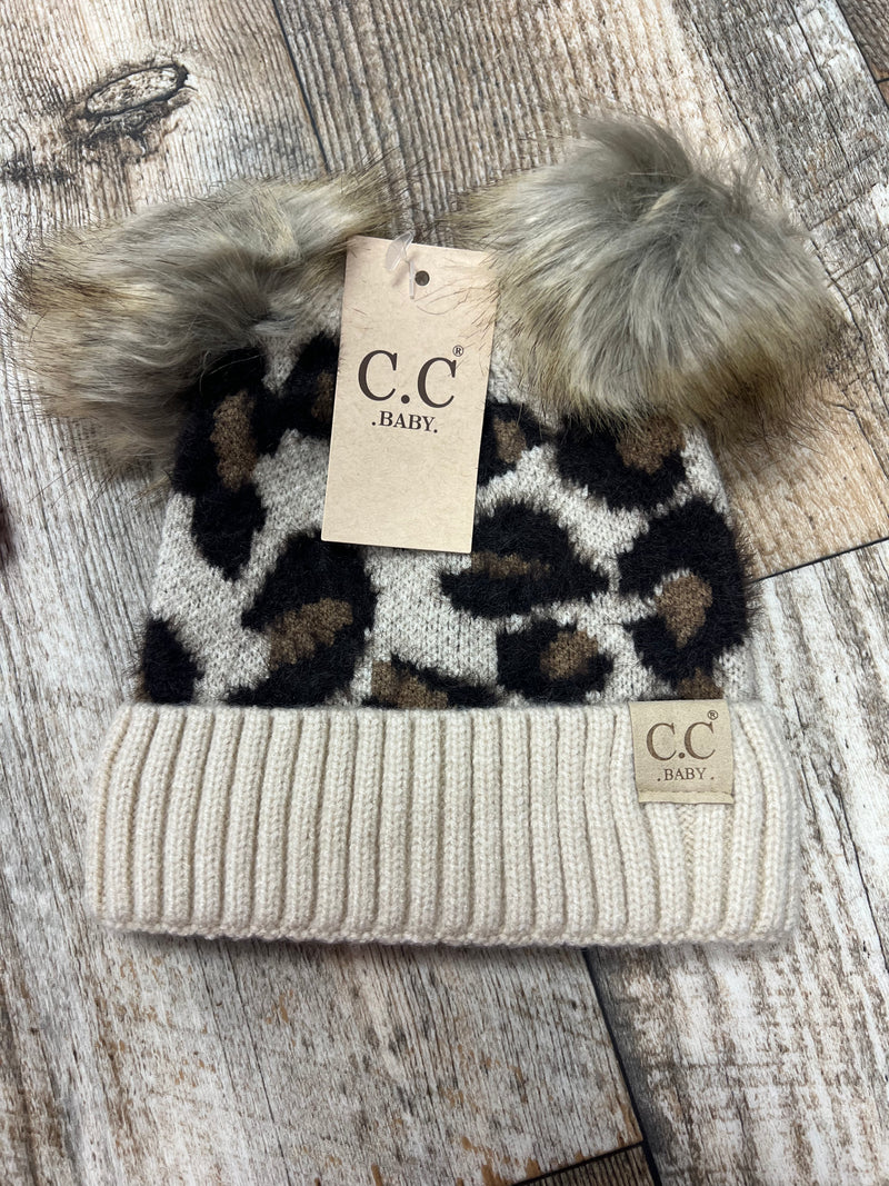 CC BABY Leopard Double Pom Beanie
