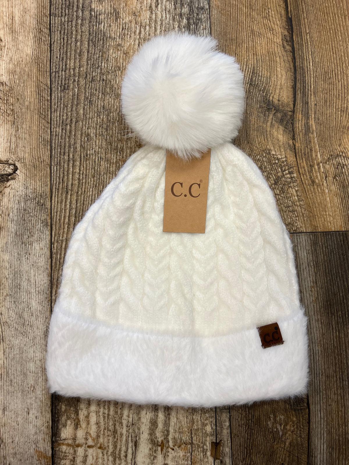 CC Cable Knit Pom Pom Fuzzy Beanie